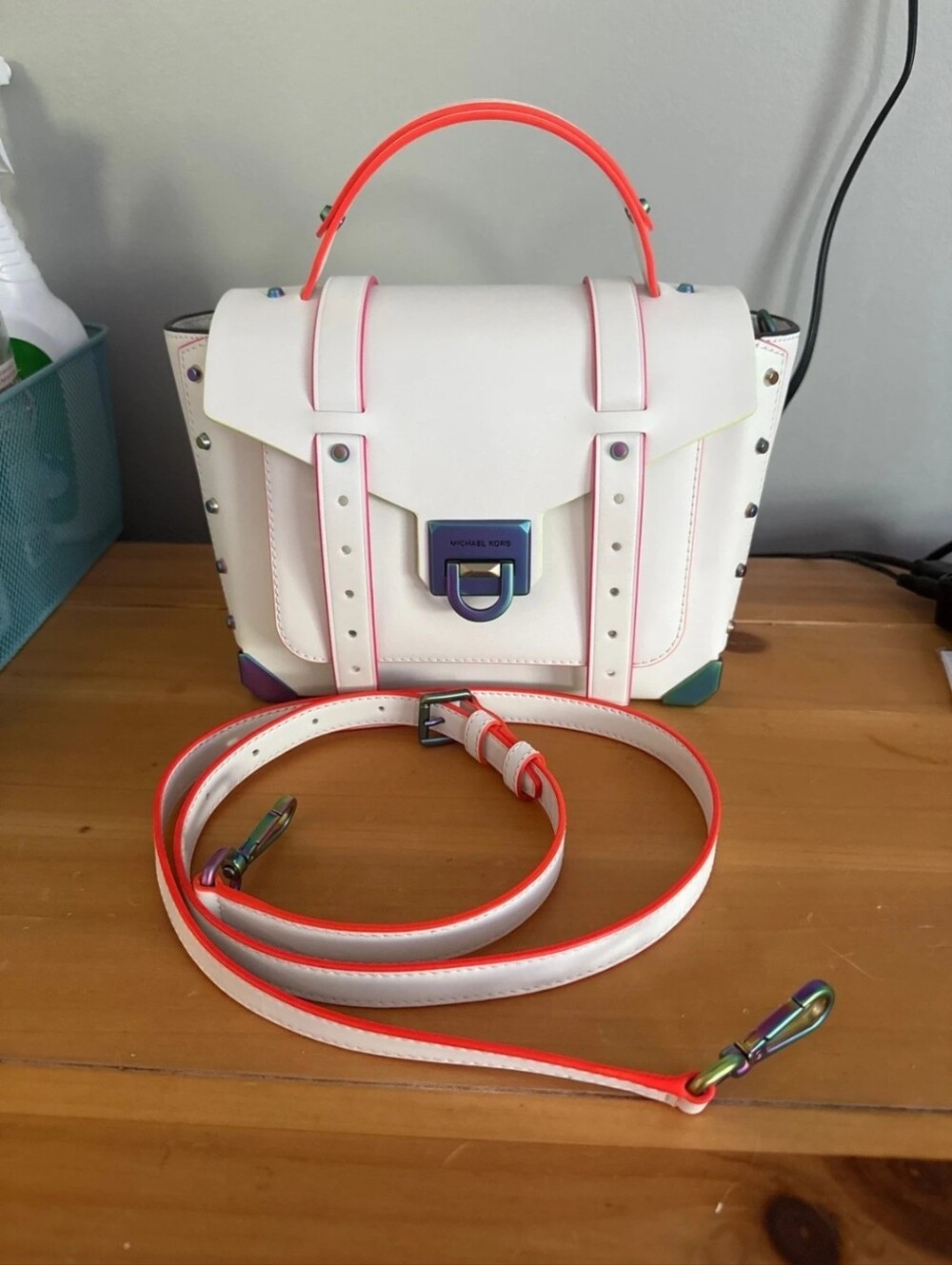 MK Manhattan Medium Contrast Trim White Neon Satchel